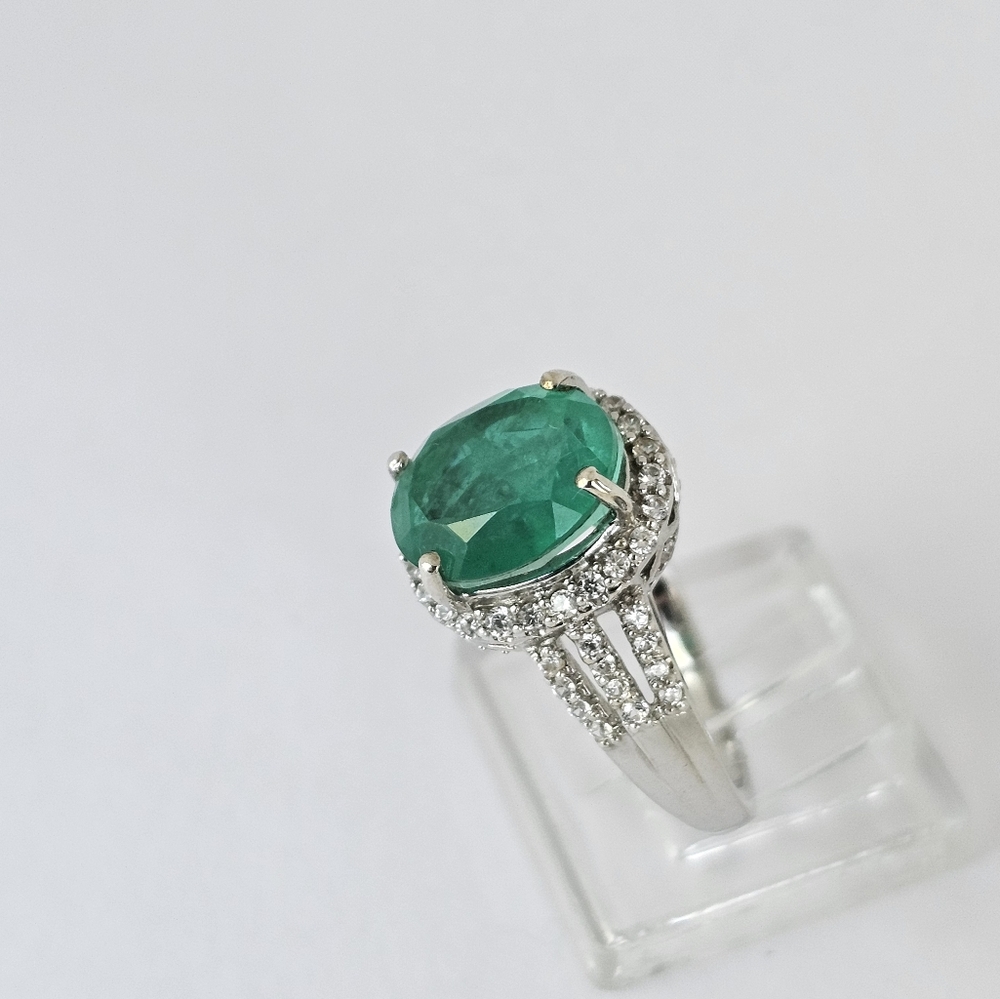 Exquisite Emeraldine Quartz & Moissanite Ring Platinum over Sterling Silver Sz 8 - Picture 3 of 12
